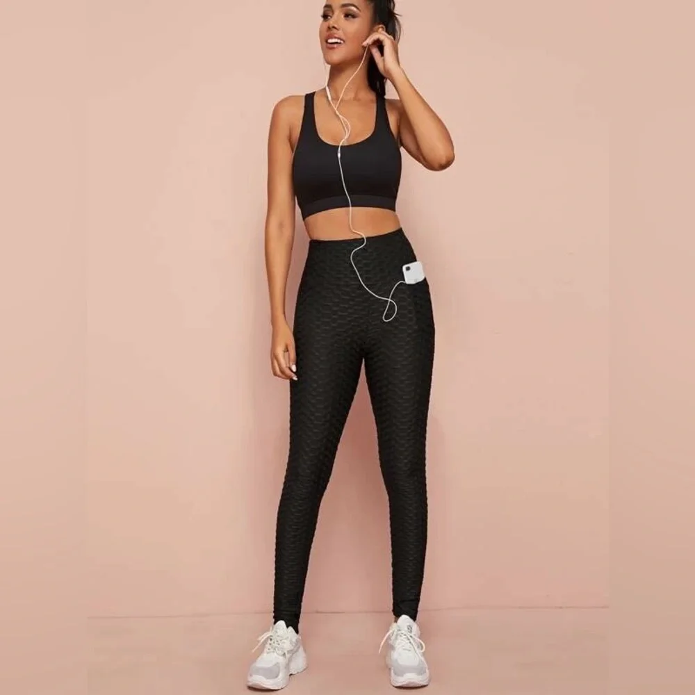SHEIN Solid Textured Sports Leggings with Phone Pocket - Picture 4 of 16